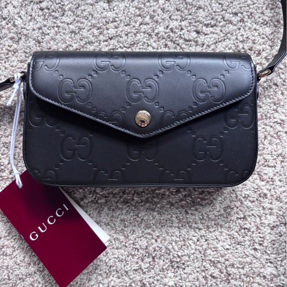 NWT Authentic Gucci Embossed Black Leather GG Mini Crossbody Purse - Picture 5 of 11